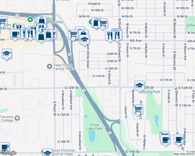 map of restaurants, bars, coffee shops, grocery stores, and more near 5402 South 11th Street in Tacoma