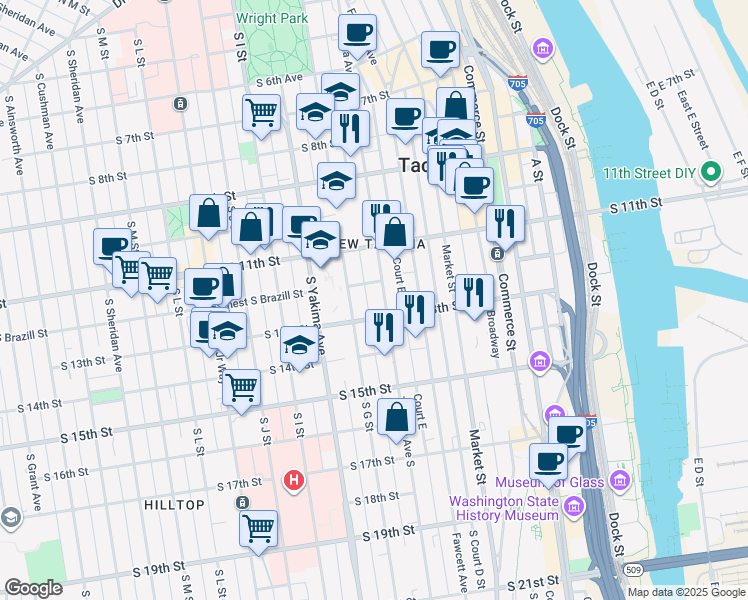 map of restaurants, bars, coffee shops, grocery stores, and more near 620 Earnest S Brazill Street in Tacoma