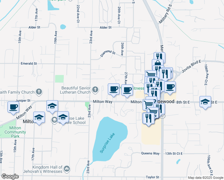 map of restaurants, bars, coffee shops, grocery stores, and more near 805 25th Avenue Court in Milton