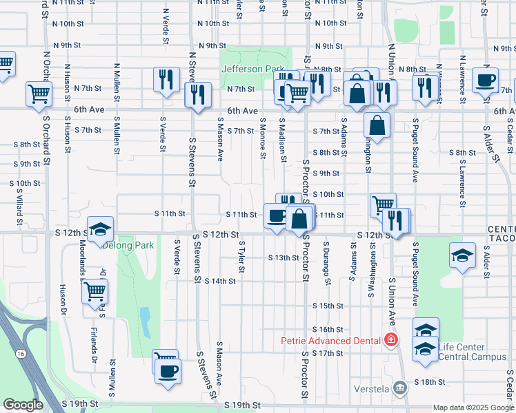 map of restaurants, bars, coffee shops, grocery stores, and more near 925 South Monroe Street in Tacoma