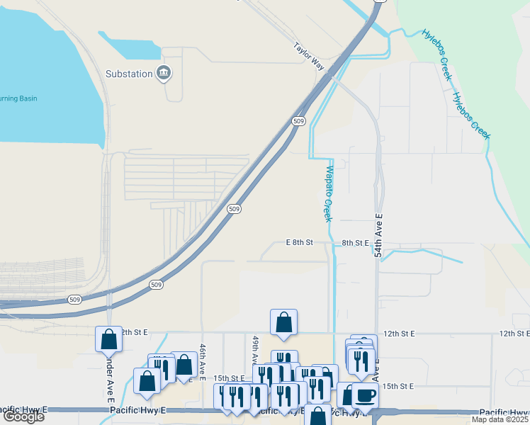 map of restaurants, bars, coffee shops, grocery stores, and more near 4801 8th Street East in Fife