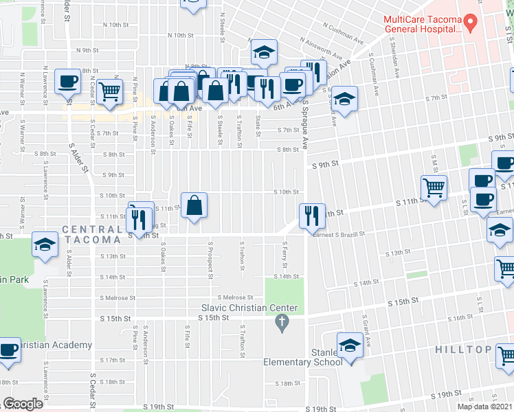 map of restaurants, bars, coffee shops, grocery stores, and more near 1010 South State Street in Tacoma