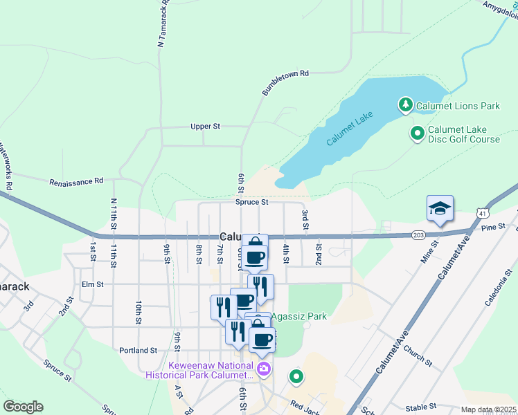 map of restaurants, bars, coffee shops, grocery stores, and more near 422-434 Spruce Street in Calumet Township
