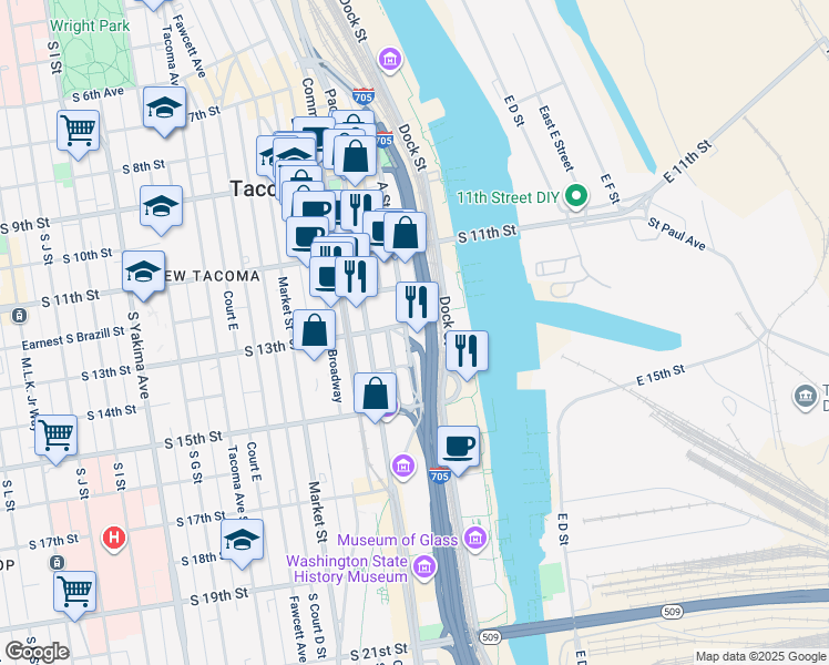 map of restaurants, bars, coffee shops, grocery stores, and more near 1301 A Street in Tacoma