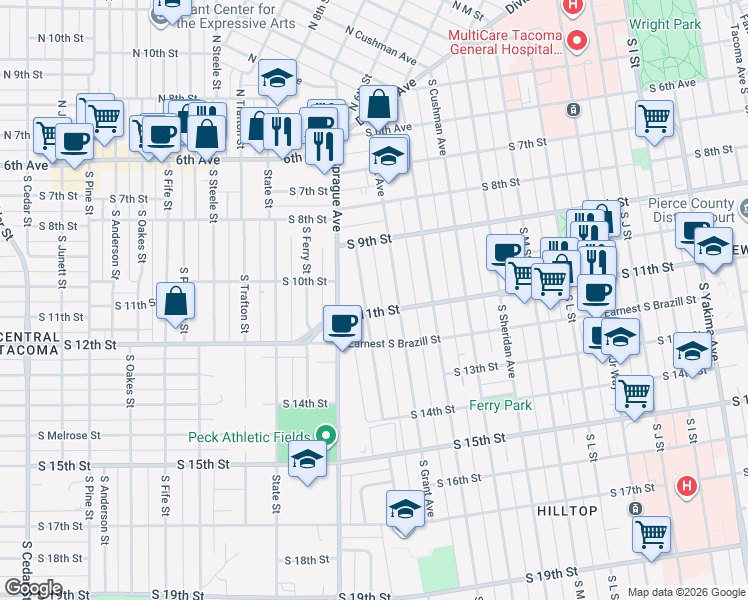 map of restaurants, bars, coffee shops, grocery stores, and more near 943 South Ridgewood Avenue in Tacoma
