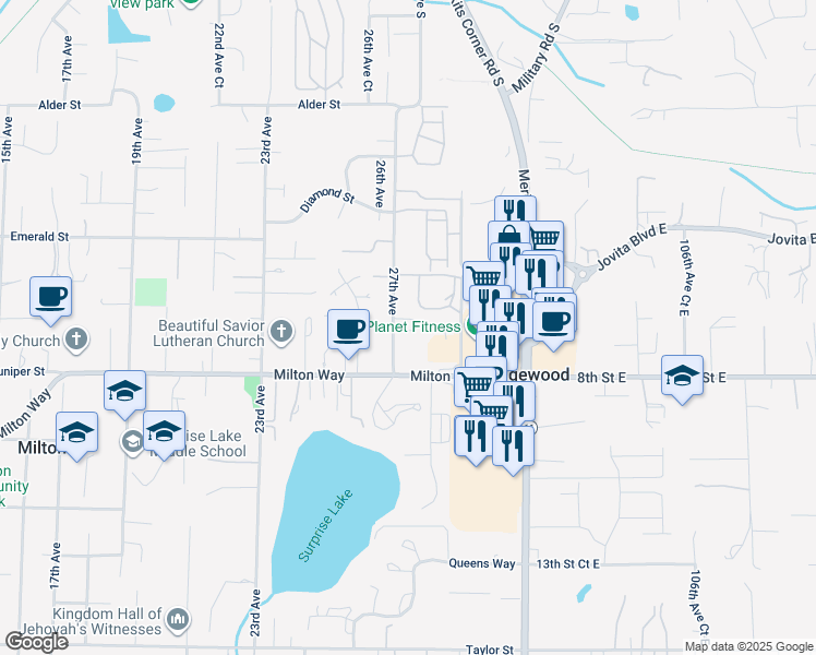 map of restaurants, bars, coffee shops, grocery stores, and more near 808 27th Avenue in Milton