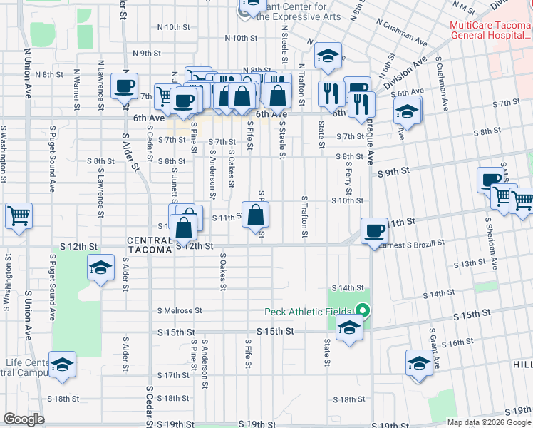 map of restaurants, bars, coffee shops, grocery stores, and more near 1007 South Prospect Street in Tacoma