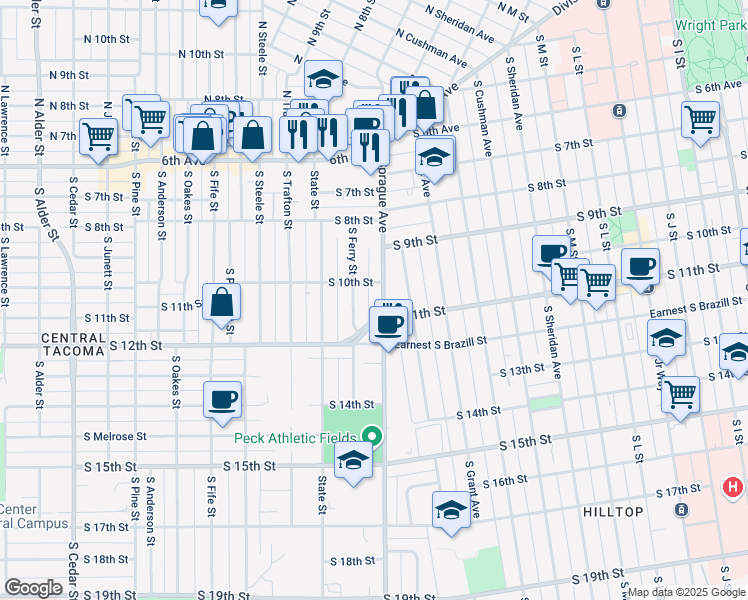 map of restaurants, bars, coffee shops, grocery stores, and more near 1016 South Sprague Avenue in Tacoma