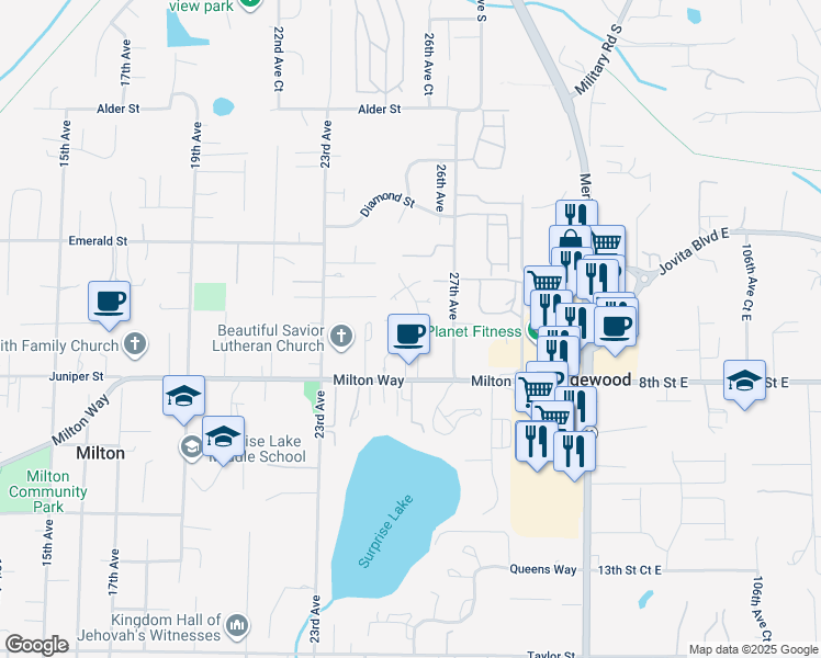 map of restaurants, bars, coffee shops, grocery stores, and more near 805 25th Avenue Court in Milton
