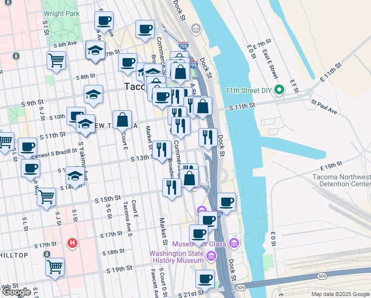 map of restaurants, bars, coffee shops, grocery stores, and more near 1250 Pacific Avenue in Tacoma
