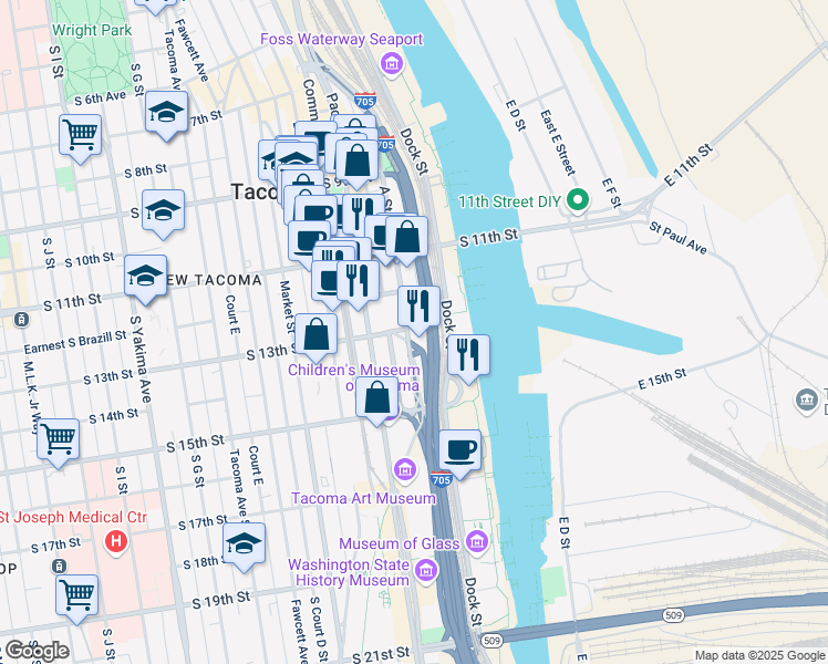 map of restaurants, bars, coffee shops, grocery stores, and more near 1301 A Street in Tacoma