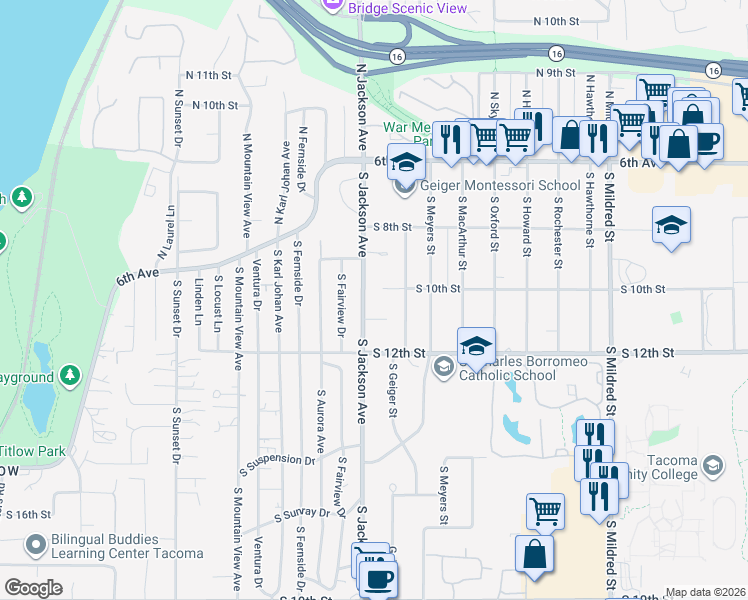 map of restaurants, bars, coffee shops, grocery stores, and more near 855 S Jackson Ave in Tacoma