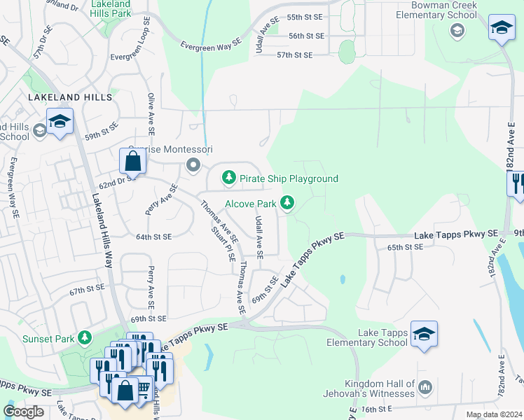 map of restaurants, bars, coffee shops, grocery stores, and more near 6310 Udall Avenue Southeast in Auburn