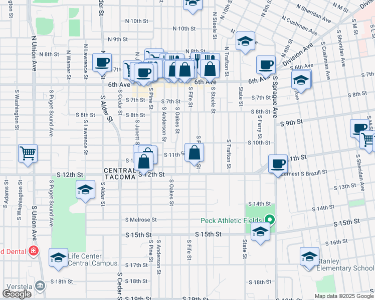 map of restaurants, bars, coffee shops, grocery stores, and more near 864 South Fife Street in Tacoma