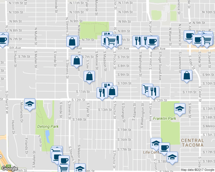 map of restaurants, bars, coffee shops, grocery stores, and more near 1011 South Madison Street in Tacoma