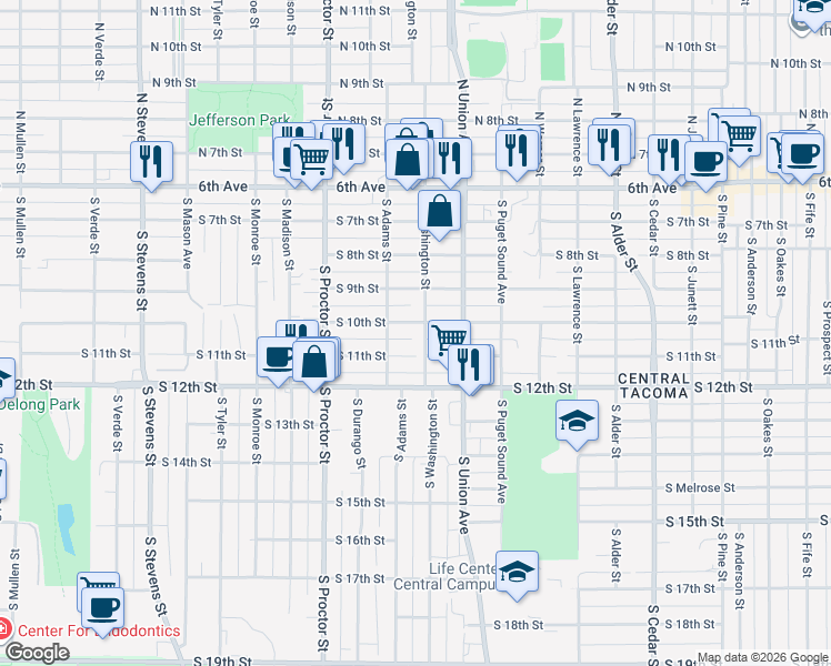 map of restaurants, bars, coffee shops, grocery stores, and more near 1006 South Washington Street in Tacoma