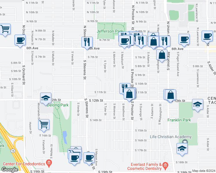 map of restaurants, bars, coffee shops, grocery stores, and more near 1020 South Pierce Street in Tacoma