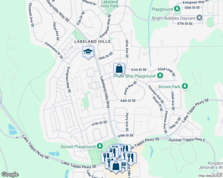map of restaurants, bars, coffee shops, grocery stores, and more near 1403 62nd Court Southeast in Auburn