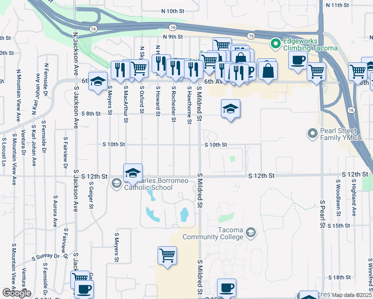 map of restaurants, bars, coffee shops, grocery stores, and more near 1008 South Hawthorne Street in Tacoma