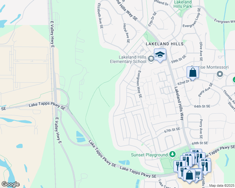map of restaurants, bars, coffee shops, grocery stores, and more near 6303 Montevista Drive Southeast in Auburn