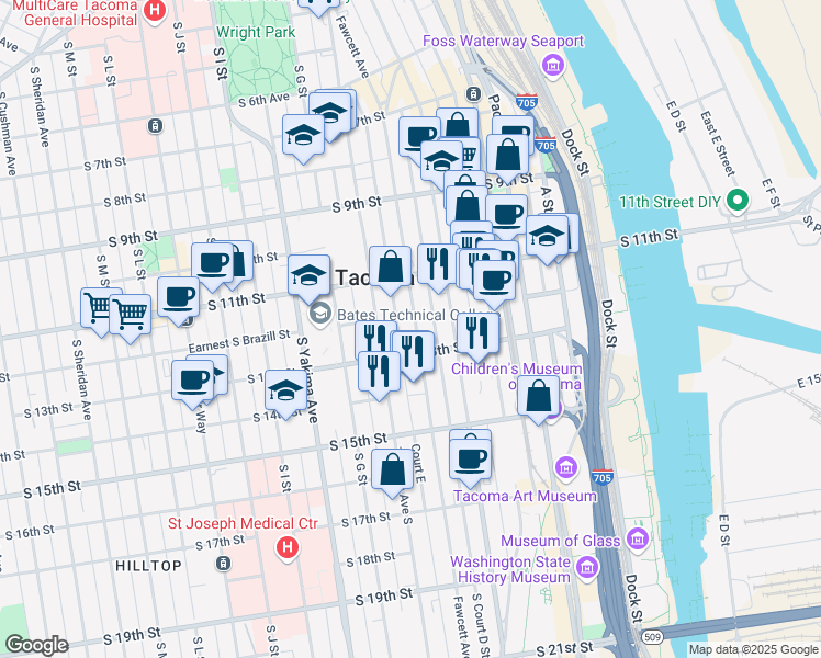 map of restaurants, bars, coffee shops, grocery stores, and more near 1135 Tacoma Avenue South in Tacoma
