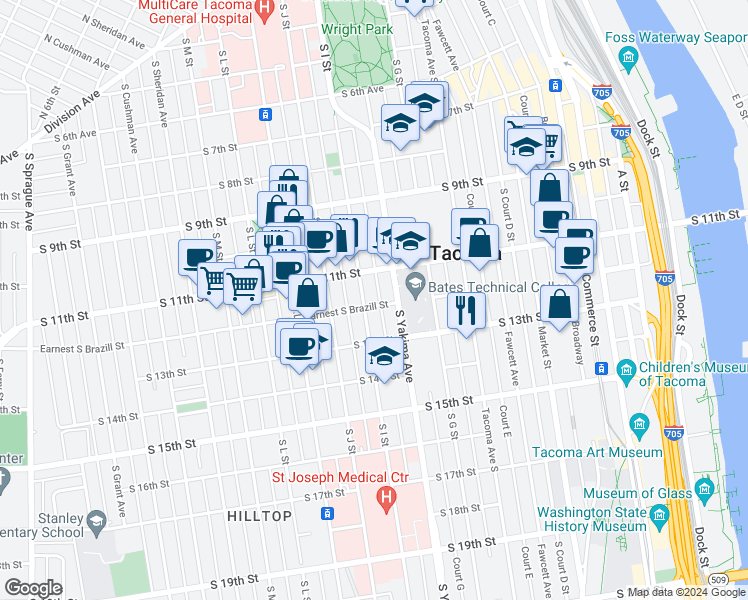 map of restaurants, bars, coffee shops, grocery stores, and more near 1121 South I Street in Tacoma