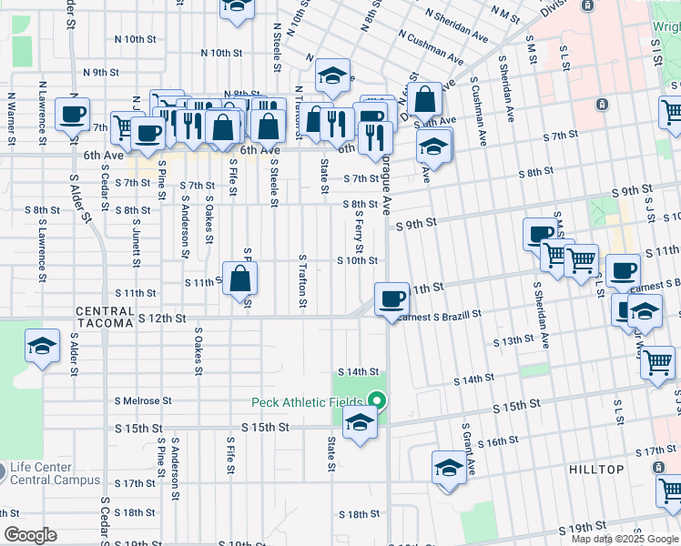 map of restaurants, bars, coffee shops, grocery stores, and more near 1006 South Ferry Street in Tacoma