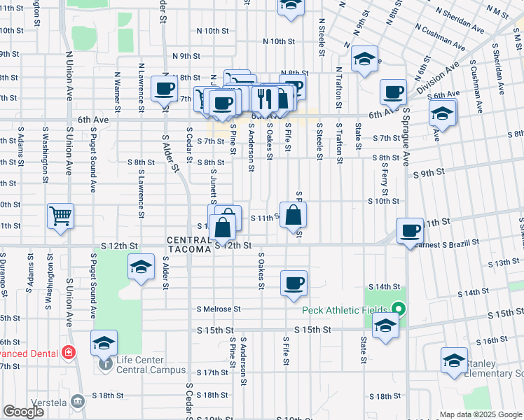 map of restaurants, bars, coffee shops, grocery stores, and more near 1012 South Oakes Street in Tacoma