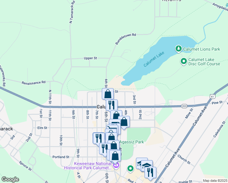 map of restaurants, bars, coffee shops, grocery stores, and more near 422 Spruce Street in Calumet Township