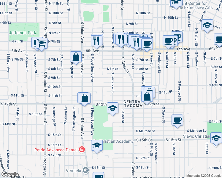 map of restaurants, bars, coffee shops, grocery stores, and more near 1002 South Lawrence Street in Tacoma