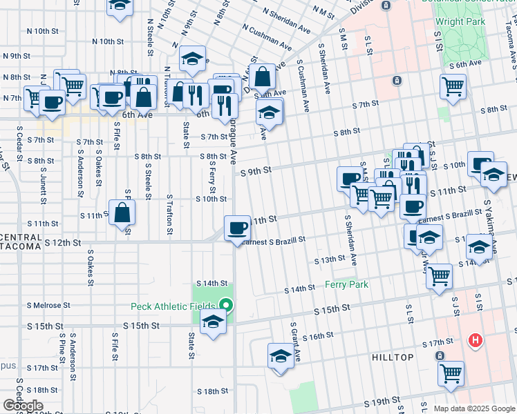 map of restaurants, bars, coffee shops, grocery stores, and more near 943 South Ridgewood Avenue in Tacoma