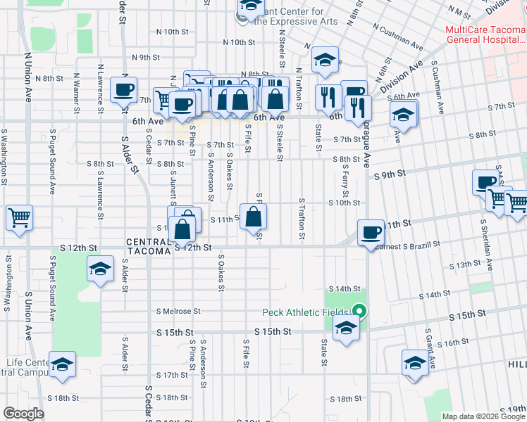 map of restaurants, bars, coffee shops, grocery stores, and more near 1007 South Prospect Street in Tacoma