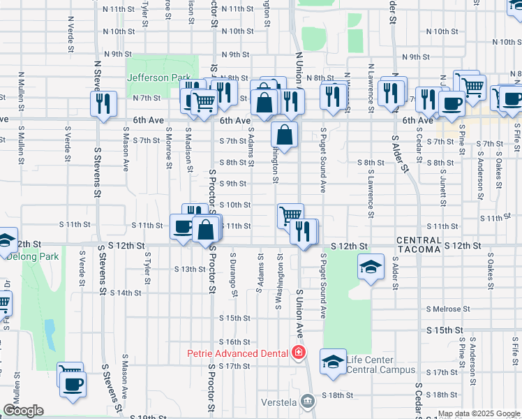 map of restaurants, bars, coffee shops, grocery stores, and more near 3716 South 10th Street in Tacoma