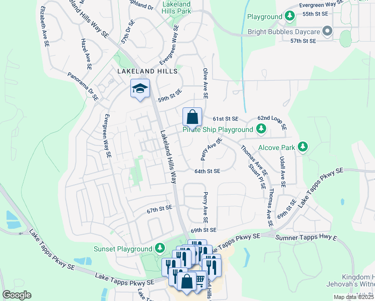 map of restaurants, bars, coffee shops, grocery stores, and more near 1403 62nd Court Southeast in Auburn