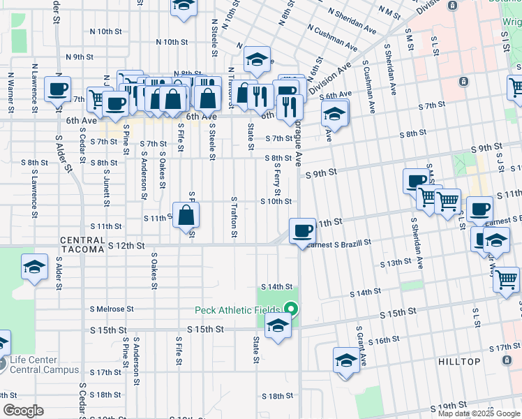map of restaurants, bars, coffee shops, grocery stores, and more near 1010 South State Street in Tacoma