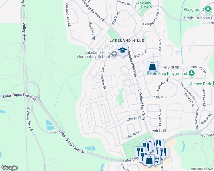 map of restaurants, bars, coffee shops, grocery stores, and more near 6121 Hazel Avenue Southeast in Auburn