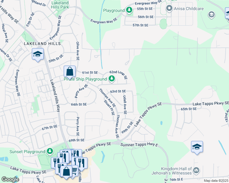 map of restaurants, bars, coffee shops, grocery stores, and more near 2016 63rd Street Southeast in Auburn