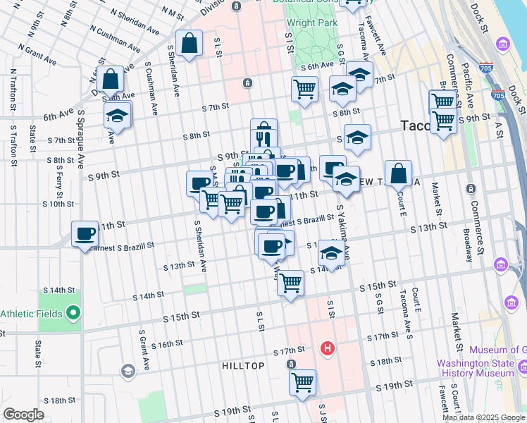 map of restaurants, bars, coffee shops, grocery stores, and more near 1120 South 11th Street in Tacoma