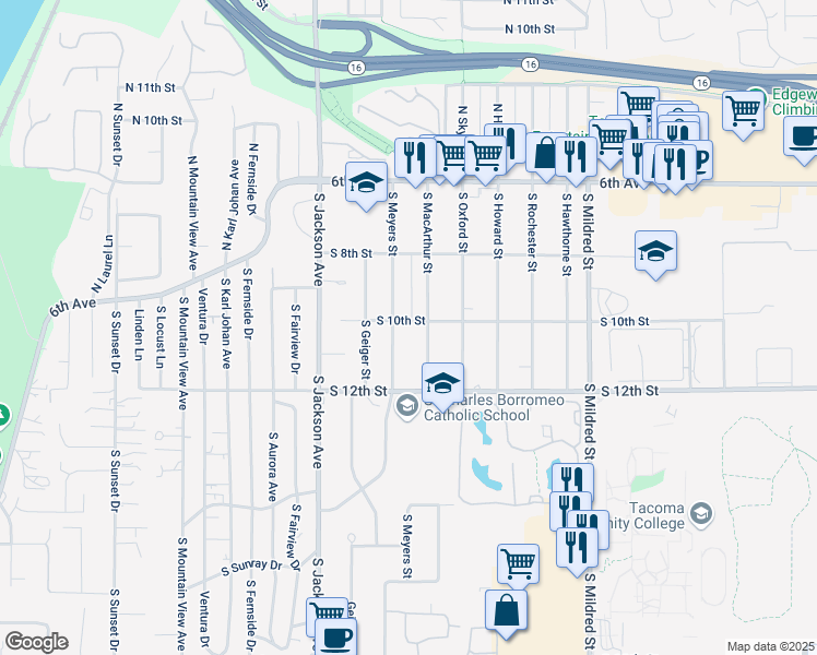 map of restaurants, bars, coffee shops, grocery stores, and more near 1001 South Meyers Street in Tacoma