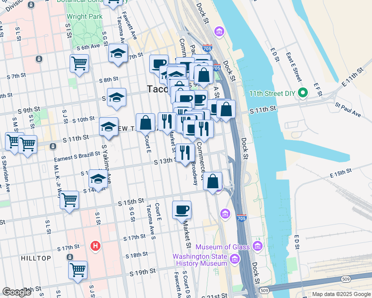 map of restaurants, bars, coffee shops, grocery stores, and more near 1149 Market Street in Tacoma
