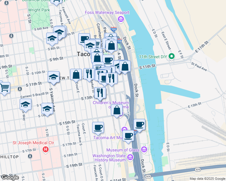map of restaurants, bars, coffee shops, grocery stores, and more near 1250 Pacific Avenue in Tacoma