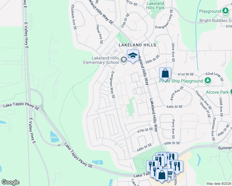 map of restaurants, bars, coffee shops, grocery stores, and more near 6121 Hazel Avenue Southeast in Auburn