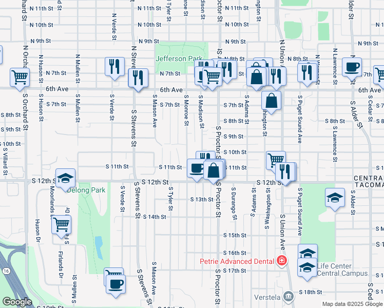 map of restaurants, bars, coffee shops, grocery stores, and more near 925 South Monroe Street in Tacoma