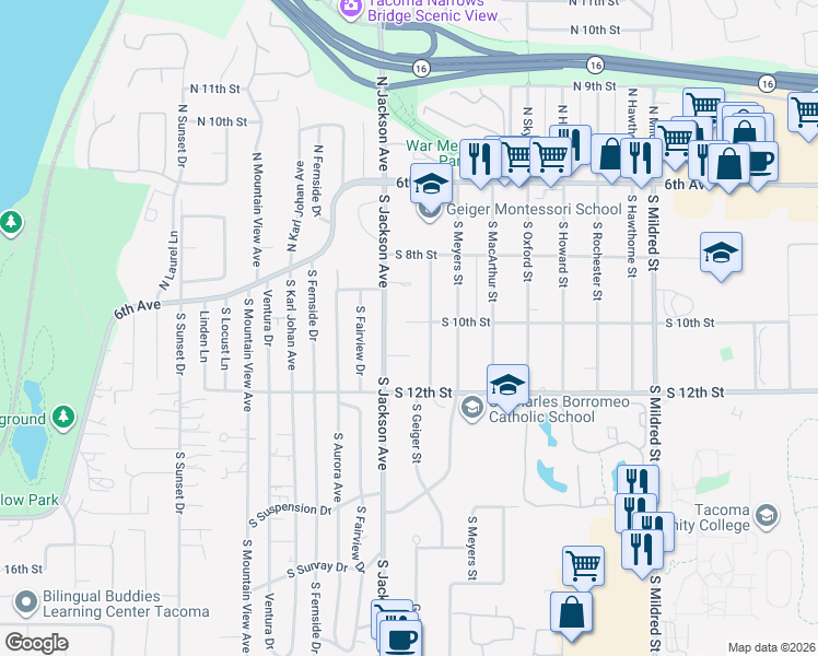 map of restaurants, bars, coffee shops, grocery stores, and more near 855 South Jackson Avenue in Tacoma