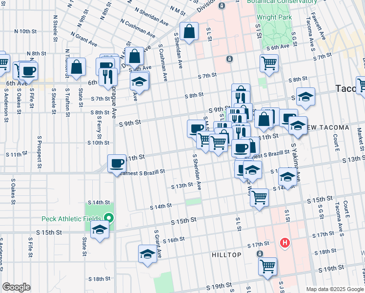map of restaurants, bars, coffee shops, grocery stores, and more near 1415 South 11th Street in Tacoma