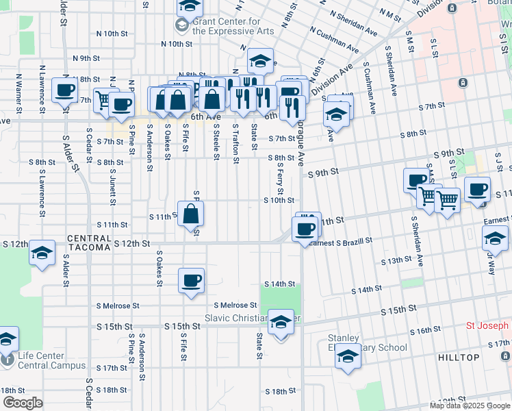map of restaurants, bars, coffee shops, grocery stores, and more near 1002 South State Street in Tacoma