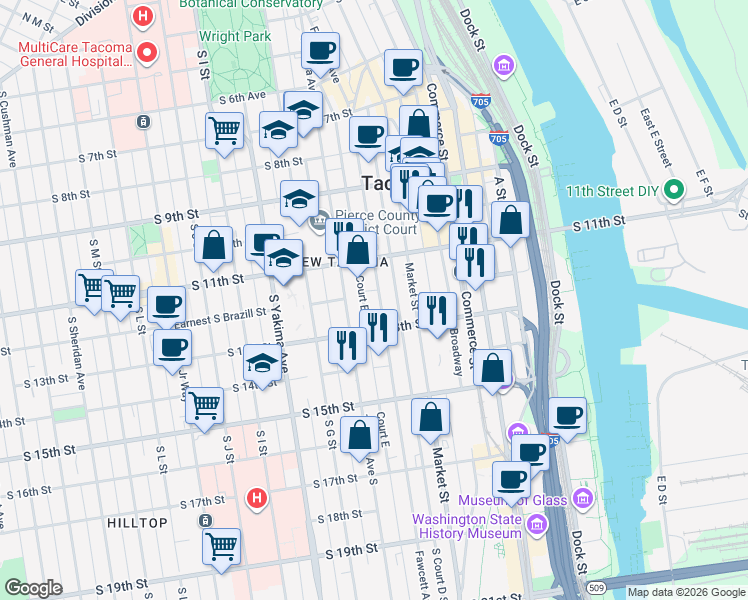 map of restaurants, bars, coffee shops, grocery stores, and more near 1134 Fawcett Avenue in Tacoma