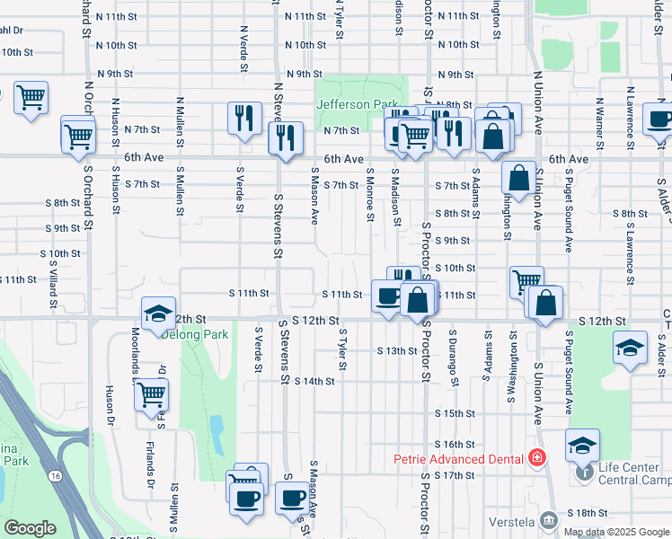 map of restaurants, bars, coffee shops, grocery stores, and more near 1020 South Pierce Street in Tacoma