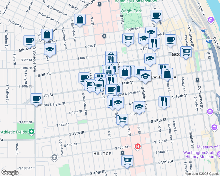 map of restaurants, bars, coffee shops, grocery stores, and more near 1120 South 11th Street in Tacoma
