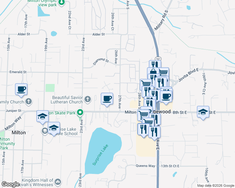 map of restaurants, bars, coffee shops, grocery stores, and more near 809 27th Avenue in Milton